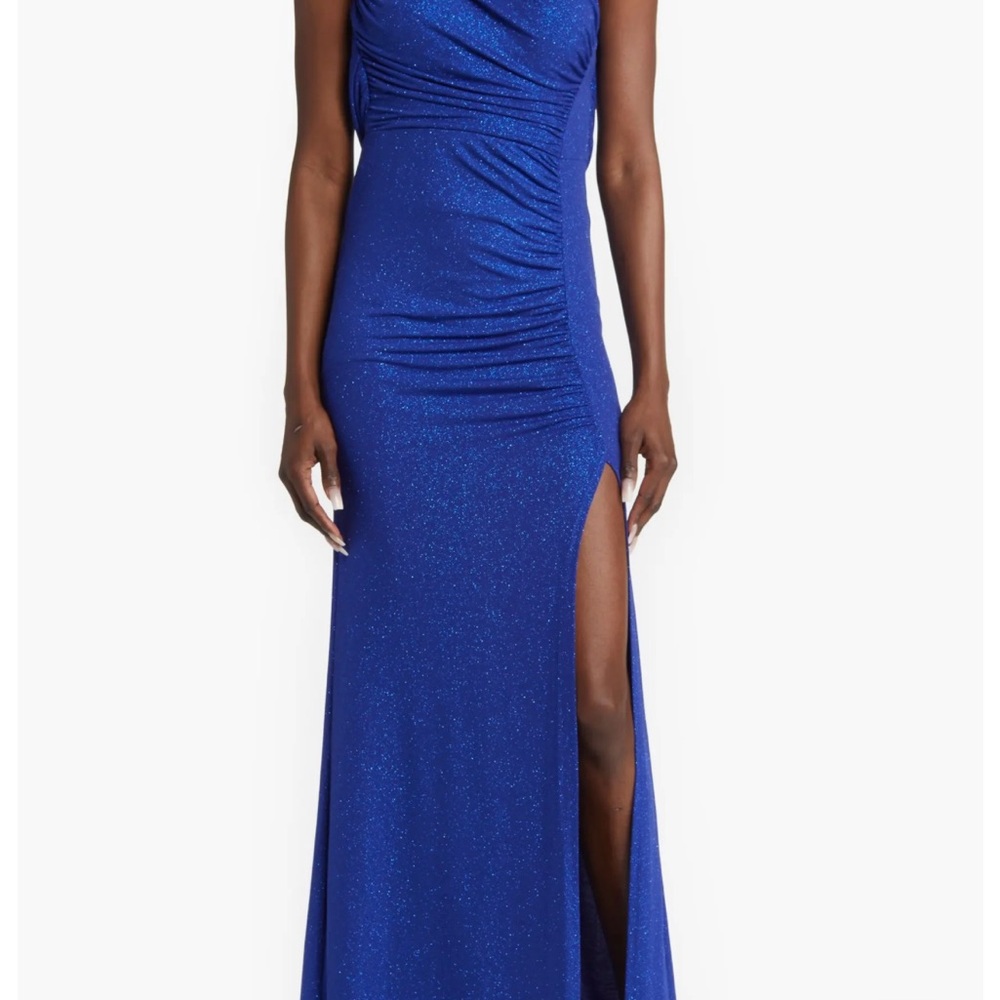 Next Up Blue Ruched One Shoulder Gown